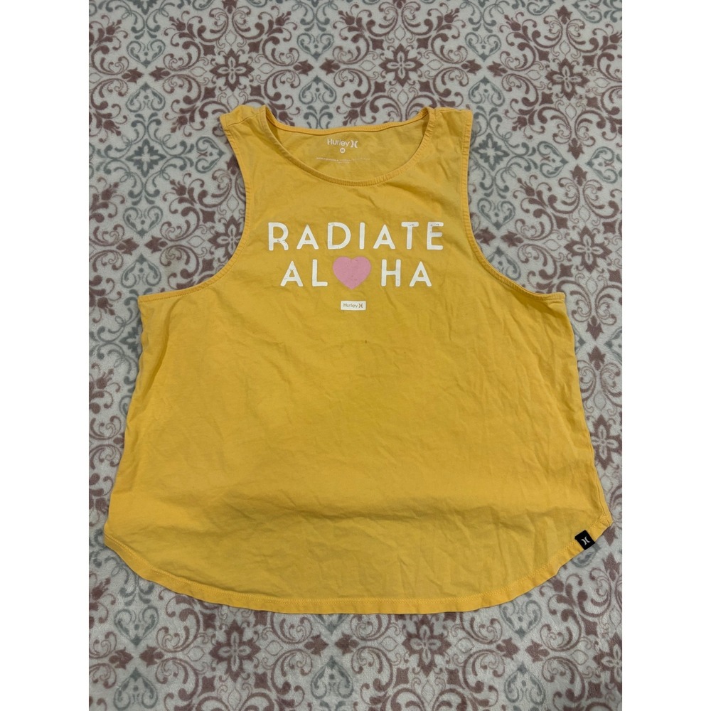 Hurley Womens Radiate Aloha Graphic Muscle Tank Top Yellow Cotton Size M